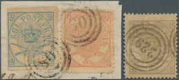 Dänemark: 1865/1868 (ca.), Lot Of Three Stamps Incl. 2s. Blue IMPERFORATE On Piece And 8s. Brown (op - Ungebraucht