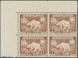 Dänemark - Grönland: 1950, Polar Bear 1kr. Brown In A Lot With 100 Stamps Many In Blocks/4 Or Larger - Cartas & Documentos