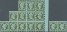 Frankreich: 1862, Napoleon 1c. Olive On Bluish, Lot Of 28 U/m Stamps Within Multiples, Unmounted Min - Sonstige & Ohne Zuordnung