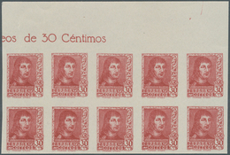 Spanien: 1938, Ferdinand II. Definitive Issue 30c. Carmine-red In A Lot With 60 IMPERFORATE Stamps I - Gebruikt