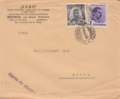 KING CHARLES I AND CHARLES II OF ROMANIA STAMPS ON BISTRITA BRUSH FACTORY HEADER COVER, 1940, ROMANIA - Covers & Documents