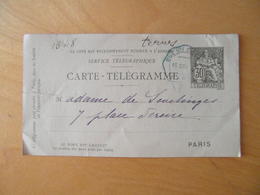 CACHET TELEGRAPHE BLEU PARIS RUE STE CECILE? Sur PNEUMATIQUE CARTE-TELEGRAMME TYPE CHAPLAIN 30c - Pneumatic Post