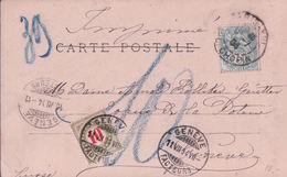 France, CP Carte Fantaisie Paris - Genève + Timbres Taxes Suisse 10ct (11.7.1904) - 1859-1959 Storia Postale