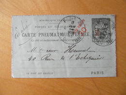 PNEUMATIQUE CARTE LETTRE TYPE CHAPLAIN SURCHARGE 30c Sur 50c CACHET PARIS DANTON (5 LIGNES AU DOS) - Pneumatiques