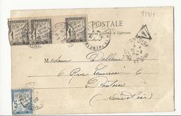 Carte Postale (1902) - Toul à Pontoise - Affranchie à 1ct Sur Le Devant Et Taxée à 8 Cts Dont Bande De 3 N°10 - 1859-1959 Covers & Documents