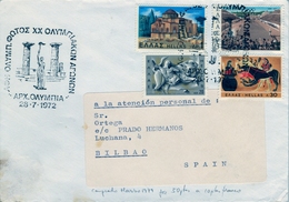 1972 , GRECIA , SOBRE CIRCULADO A BILBAO , MAT. ESPECIAL , OLIMPIADAS - Cartas & Documentos