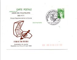 ENTIER SABINE REPIQUE AUTOMATISATION DU COURRIER BORDEAUX 1980 - Overprinter Postcards (before 1995)