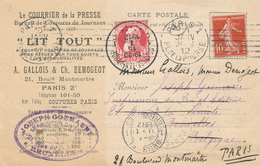 257/27 - FRANCE Carte Le Courrier De La Presse - TP Semeuse PARIS 1912 à Bruxelles Et RETOUR Réaffranchi TP Grosse Barbe - 1906-38 Semeuse Camée