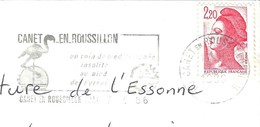 Oblitération Mécanique SECAP De Canet En Roussillon Avec Flamme Illustrée Flamant Rose (devant D'enveloppe) - Flamingo