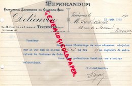 94- VINCENNES- MEMORANDUM DELIEUVIN- PARFUMERIE SAVONNERIE DU CHARDON BLEU- PARFUM -1 RUE LIBERTE- 1929 - Perfumería & Droguería