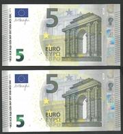 New Issue Two Pieces Consecutive Numbers Greece  Printer Y006J3 !! "Y" 5 EURO GEM UNC! Draghi Signature! New Issue! - 5 Euro