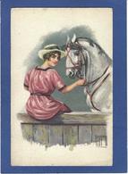 CPA Cheval Chevaux Femme Girl Women Illustrateur écrite - Horses