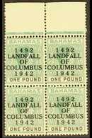 1942 Landing Of Columbus £1 Grey-green And Black, SG 175a, Upper Marginal Block Of Four Never Hinged Mint. For More Imag - Otros & Sin Clasificación