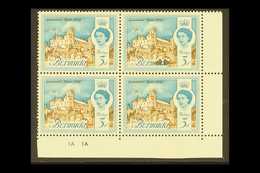 1962-68 3d Definitive, SG 165, Never Hinged Mint Lower Right PLATE BLOCK Of 4 With One Stamp Showing Large PRINTING FLAW - Bermuda