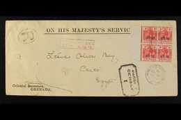 1918 POSTAL HISTORY 1d "WAR TAX" Ovpt, SG 111, In A Block Of 4, Used On OHMS Reg'd Env. To Egypt, Cover Censored, With C - Granada (...-1974)