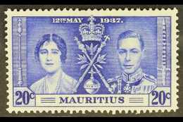 1937 20c Bright Blue, Coronation, Variety "Line By Sceptre", SG 251b, Very Fine Mint. For More Images, Please Visit Http - Mauritius (...-1967)