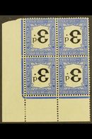 POSTAGE DUES 1914-22 3d Black & Bright Blue, WATERMARK INVERTED In Corner Marginal Block Of 4, SG D4w, Hinged On Margin, - Sin Clasificación