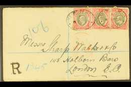 1905 (Sept 8th) Registered Cover To London bearing 1d X3 Tied By BONNY Oval Cancels, London "Hooded" Circle In Red. Some - Nigeria (...-1960)