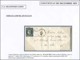 Let EMISSION DE 1849 - 4    25c. Bleu, Obl. PC 389 S. LAC, Càd BEZIERS 20/8/52, Boite I2 De Boujan Pour Le Camp De AIN-S - 1849-1850 Ceres