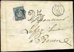 Let EMISSION DE 1849 - 4    25c. Bleu, Obl. GRILLE S. Env., Càd PARIS 6/10/51 Et Taxe 25 DT Pour DOUBLE PORT, TB - 1849-1850 Ceres