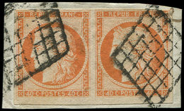 EMISSION DE 1849 - 5Be  40c. Orange, PAIRE Obl. GRILLE, 4 RETOUCHE Tenant à Normal, Bord Touché, TB, Certif. J - 1849-1850 Cérès