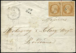 Let EMPIRE NON DENTELE - 13A  10c. Bistre, PAIRE Obl. PC 2929 S. LAC, Dateur B 14/11/54 Et Cursive 45/SOS, TB - 1853-1860 Napoléon III