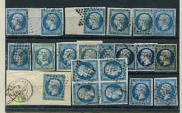 EMPIRE NON DENTELE - 14A  20c. Bleu, T I, 21 Nuances Et Oblitérations Diverses, Dont Un Bloc De 4, TB - 1853-1860 Napoléon III