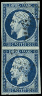 EMPIRE NON DENTELE - 14Ad 20c. Bleu Foncé Sur Vert, PAIRE Verticale Obl., TB. C - 1853-1860 Napoléon III