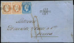 Let EMPIRE NON DENTELE - 14A  20c. Bleu, T I Et N°16 40c. Orange PAIRE, Obl. Griffe VIA/DI MARE (E) S. LSC De VOLO Du 26 - 1853-1860 Napoléon III