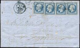 Let EMPIRE NON DENTELE - 14A  20c. Bleu, T I, 4 Ex. Obl. PC 2147 S. LAC, Càd T15 MONTROUGE 17/2/55, Le Tout En BLEU, TB - 1853-1860 Napoleone III