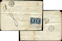 Let EMPIRE NON DENTELE - 14Aa 20c. Bleu Foncé, T I, PAIRE Bdf Obl. PC 3302 S. Env., Càd T15 St VALLIER-S-RHONE 19/3/56 E - 1853-1860 Napoleone III