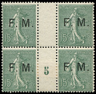 ** FRANCHISE MILITAIRE - 3    15c. Vert-olive, BLOC De 4 Mill.5, Ch. Sur Paire Inférieure, TB - Timbres De Franchise Militaire