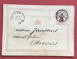 BELGIQUE POST CARD CARTE CORRESPONDANCE 5c. FROM BRUXELLES  TO ANVERS  11/8/1875 - 1869-1883 Léopold II