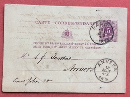 BELGIQUE POST CARD CARTE CORRESPONDANCE 5c. FROM GAND TO ANVERS  18/8/78 - 1869-1883 Léopold II