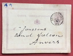 BELGIQUE POSTKAART CARTE CORRESPONDANCE  5 C. FROM  GAND (STATION) 8S  TO  ANVERS13/7/1876 - 1869-1883 Léopold II
