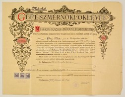 1920 Gépészmérnöki Diploma 1921-es Másolata, M. Kir József Műegyetem, 3 Db 5 Koronás Bélyeggel, Kis Szakadásokkal - Sin Clasificación