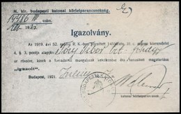 Cca 1921 Tüzér Főhadnagy Korabeli Igazolványmásolata, Hogy Az 1919-es Forradalmi Mozgalmakban Tanúsított Magatartása 'ig - Sin Clasificación