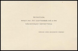 1961 Bessenyei Ferenc és Váradi Hédi Házasságkötési értesítő Kártyája - Ohne Zuordnung