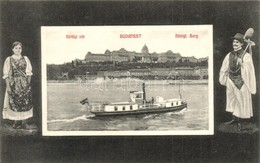 ** T1 Budapest I. Királyi Vár, Gőzös. Népviseletes Montázslap / Folklore Montage Postcard - Sin Clasificación