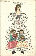 T2/T3 Boldog Újévet! / New Year Greeting Art Postcard, Lady With Girls. B. K. W. I. 3142-5. S: Mela Koehler (EK) - Ohne Zuordnung