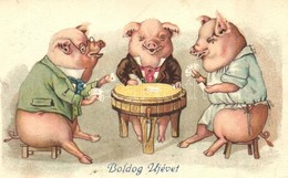 T2/T3 1929 Boldog Új Évet! / New Year Greeting Card, Pigs Playing Card Game. Litho (EK) - Ohne Zuordnung