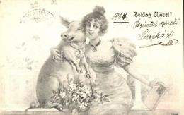 T2/T3 1904 Boldog Új Évet! / New Year Greeting Card, Pig With Lady (EK) - Non Classés