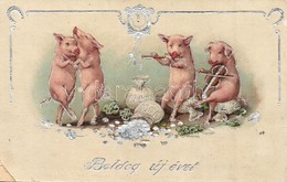 * T3 Boldog Újévet! / New Year Greeting With Pigs Playing Instruments And Dancing. Emb. Metallic Litho (fa) - Non Classés