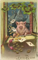 T3 1908 Boldog Új Évet! / New Year Greeting Card, Pig, Clover. Emb. Litho (wet Corner) - Non Classificati