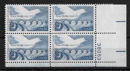 US 1977 Peace Bridge Issue Plate Block Scott # 1721,XF MNH** - Numéros De Planches