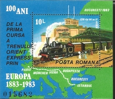 J) 1983 ROMANIA, ORIENT EXPRESS CENTENARY, RAYLWAY, MAP, SOUVENIR SHEET, MNH - Storia Postale