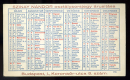 Szinay Nándor Osztálysorsjrgy, Kártyanaptár 1929.  /  Nádor Szinay Class Lottery, Calendar Card 1929 - Unclassified