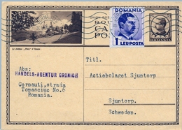 1939 , RUMANIA , ENTERO POSTAL CIRCULADO , FRANQUEO COMPLEMENTARIO , CERNAUTI - SJUNTORP ( SUECIA ) - Lettres & Documents