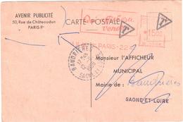 PARIS 22 Carte Postale Ob 1958 EMA AVENIR PUBLICITE Dest Afficheur Municipal Baudrières 71 Retour Lautier B7 Pointillé - Lettres & Documents
