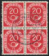 WEST GERMANY: Yvert 16 (Michel 130), 1951 Postal Horn 20Pf., Used Block Of 4 Of VF Quality, With Guarantee Mark On Back, - Andere & Zonder Classificatie